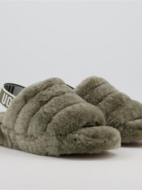 UGG Women’s Olive Green Fluff Slide with Branded Elastic Back